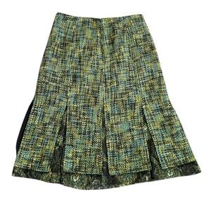 Yansi Fugel Blue and Green Tweed Woo/Acrylic l Skirt With Lace Hem Size 8
